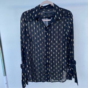 Whimsygoth Black & Gold Metallic Crescent Print Button Down Blouse Size Medium